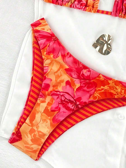 Swim Vcay Women's Tropical Floral Halter Neck Backless Sexy Bikini Set For Beach Vacation For Summer Rave Lollapalooza