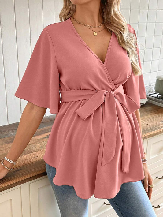 V-Neck Maternity Peplum Blouse with Flounce Sleeves and Adjustable Waist Belt in Dusty Pink for Work or Casual Wear
