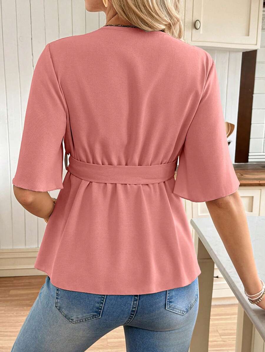 V-Neck Maternity Peplum Blouse with Flounce Sleeves and Adjustable Waist Belt in Dusty Pink for Work or Casual Wear