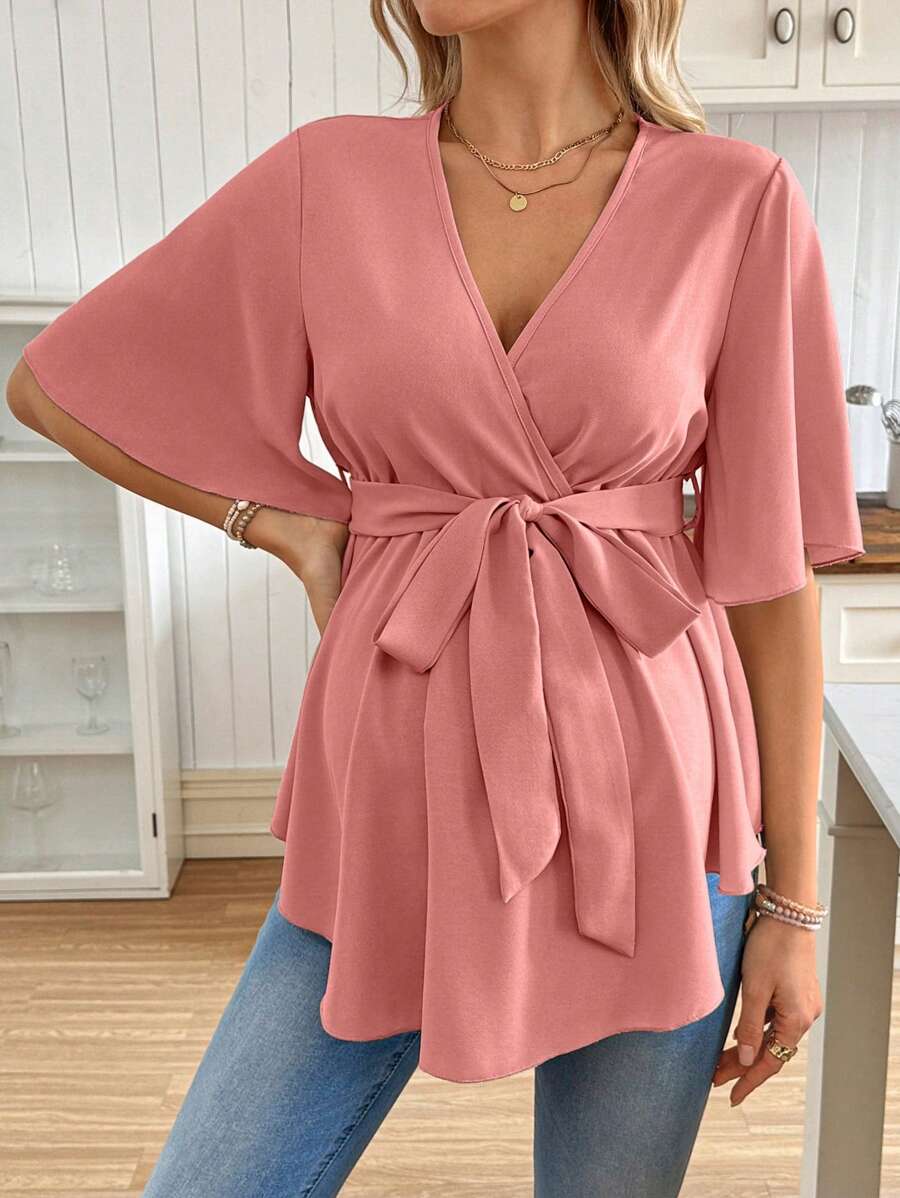 V-Neck Maternity Peplum Blouse with Flounce Sleeves and Adjustable Waist Belt in Dusty Pink for Work or Casual Wear