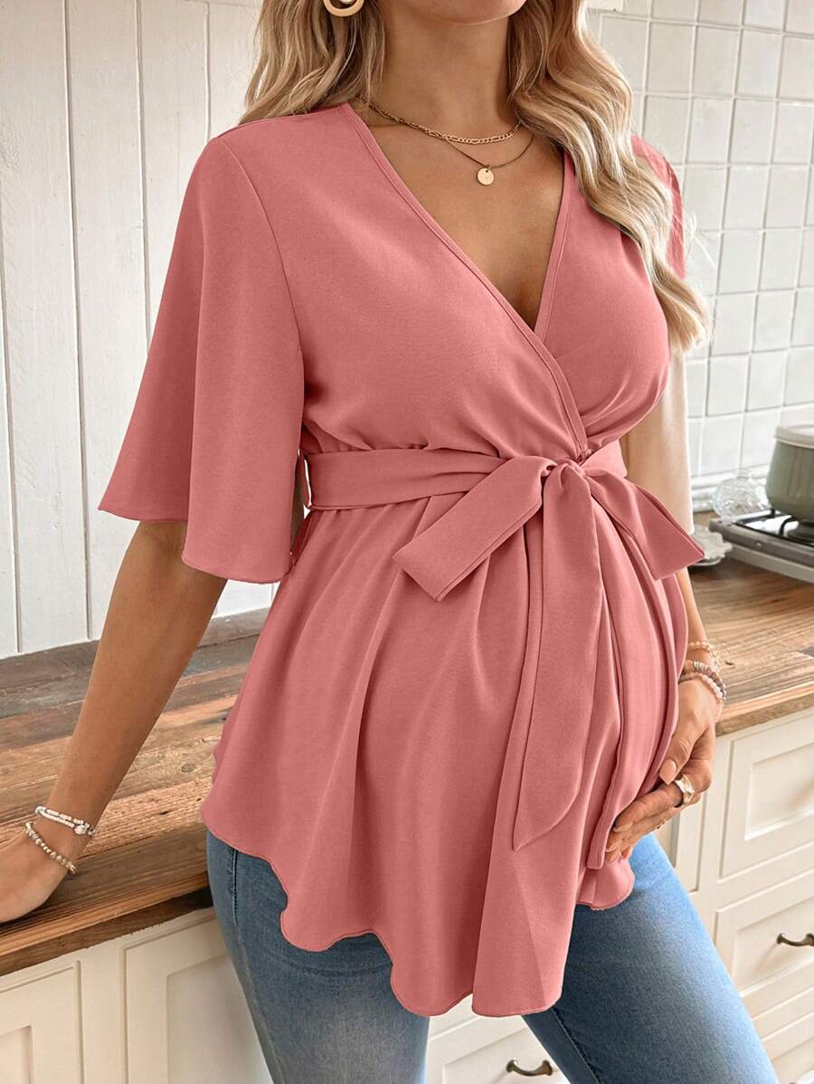 V-Neck Maternity Peplum Blouse with Flounce Sleeves and Adjustable Waist Belt in Dusty Pink for Work or Casual Wear