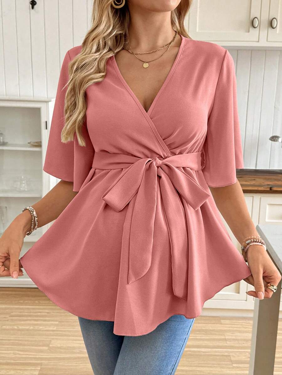 V-Neck Maternity Peplum Blouse with Flounce Sleeves and Adjustable Waist Belt in Dusty Pink for Work or Casual Wear