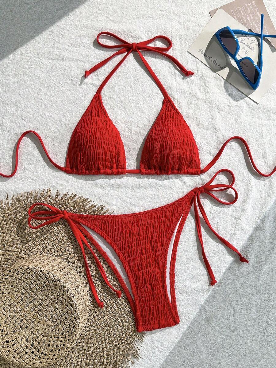 Swim Vcay Solid Color Halter Twist Bikini Two Pieces Swimwear, Suitable For Summer
