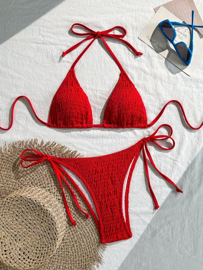 Swim Vcay Solid Color Texture Split Bikini Set, Vacation Beach For Summer