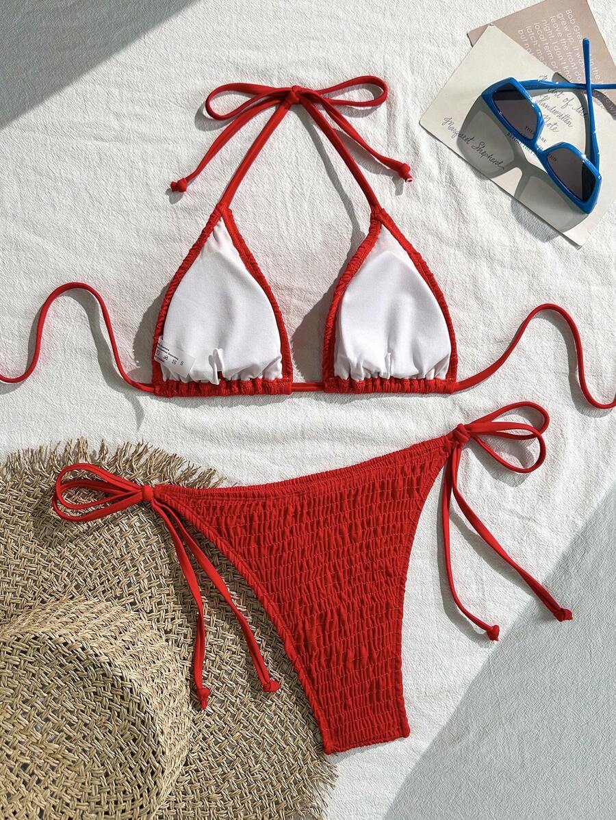 Swim Vcay Solid Color Halter Twist Bikini Two Pieces Swimwear, Suitable For Summer
