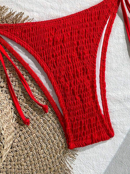 Swim Vcay Solid Color Texture Split Bikini Set, Vacation Beach For Summer