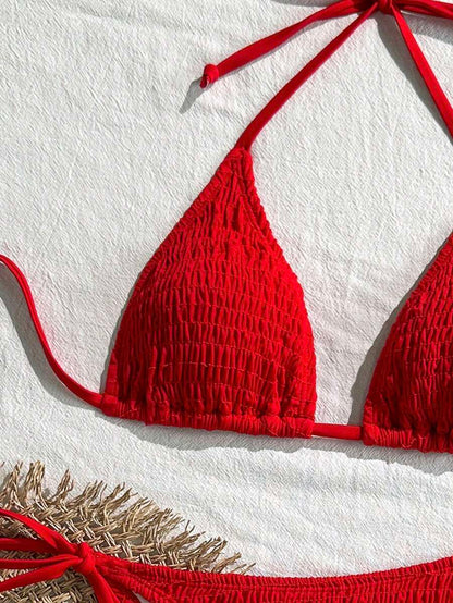 Swim Vcay Solid Color Texture Split Bikini Set, Vacation Beach For Summer