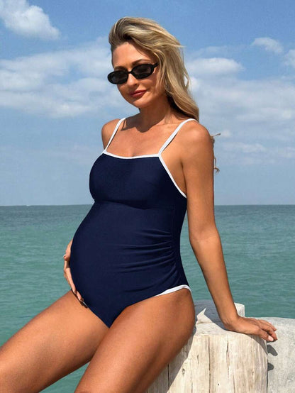 Pregnant Women's Elegant Vacation Black & White Contrast Binding Maternity One-Piece Swimsuit, For Summer Beach