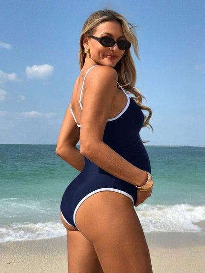Elegant Navy Blue Monochrome Maternity One-Piece Swimsuit - Backless Colorblock Resort Beachwear with High Stretch