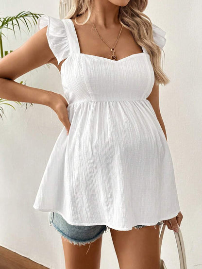 Maternity Summer Casual Textured Peplum Shirt with Ruffle Trim Sleeveless Baby Blue Flared Maternity Top