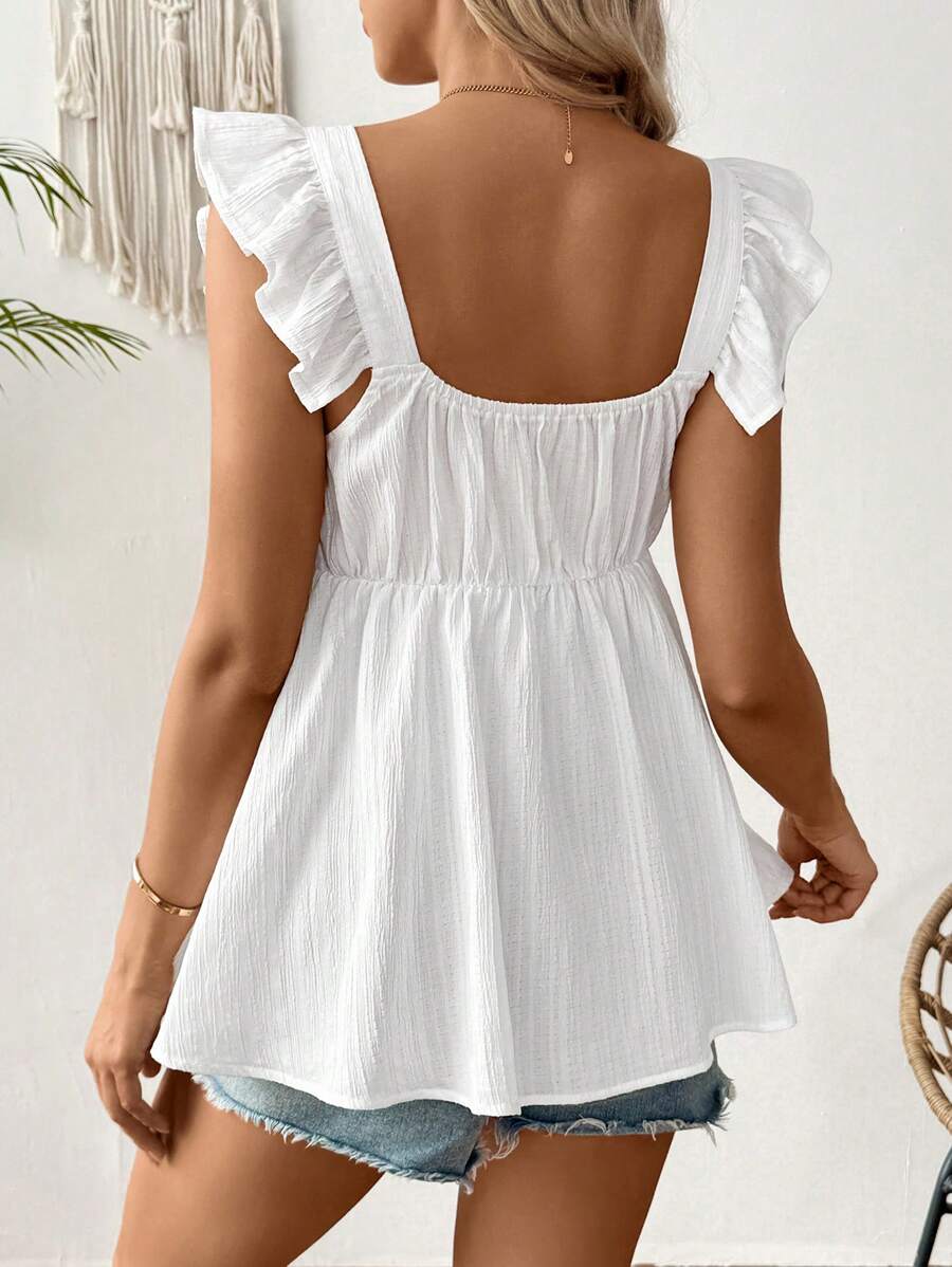 Maternity Summer Casual Textured Peplum Shirt with Ruffle Trim Sleeveless Baby Blue Flared Maternity Top