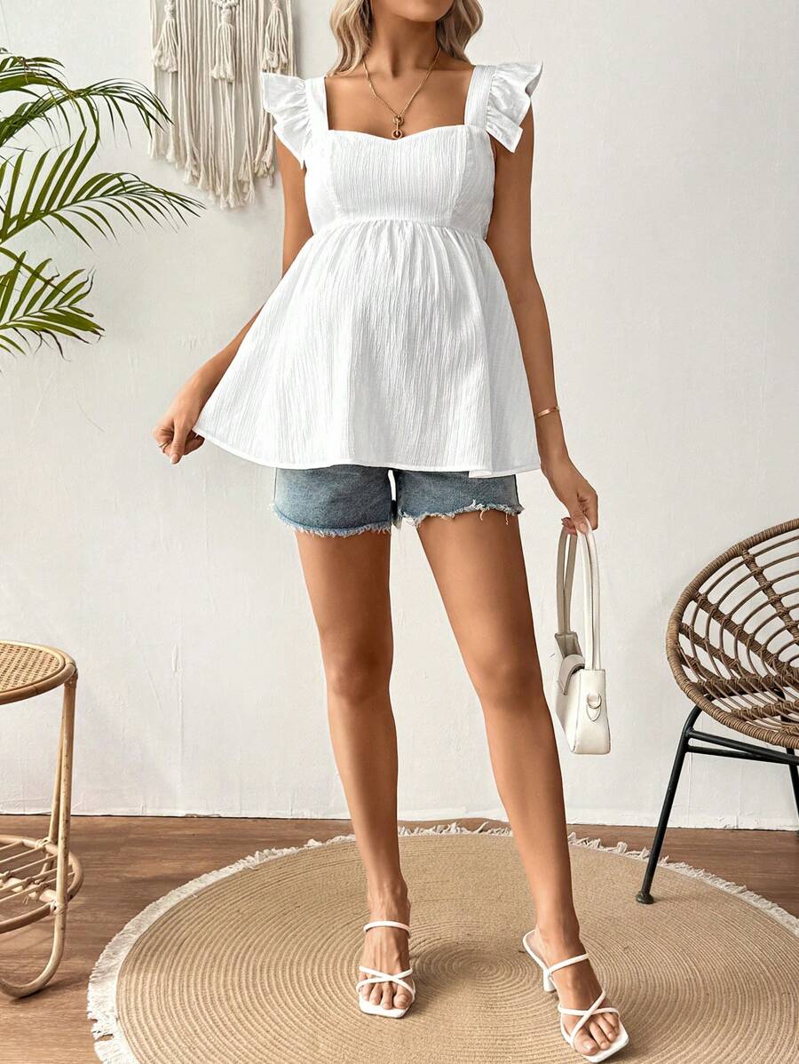 Black Ruffle Sleeveless Maternity Blouse - Slim Fit Flounce Sleeve Peplum Top for Casual Daily Wear and Summer Outfits