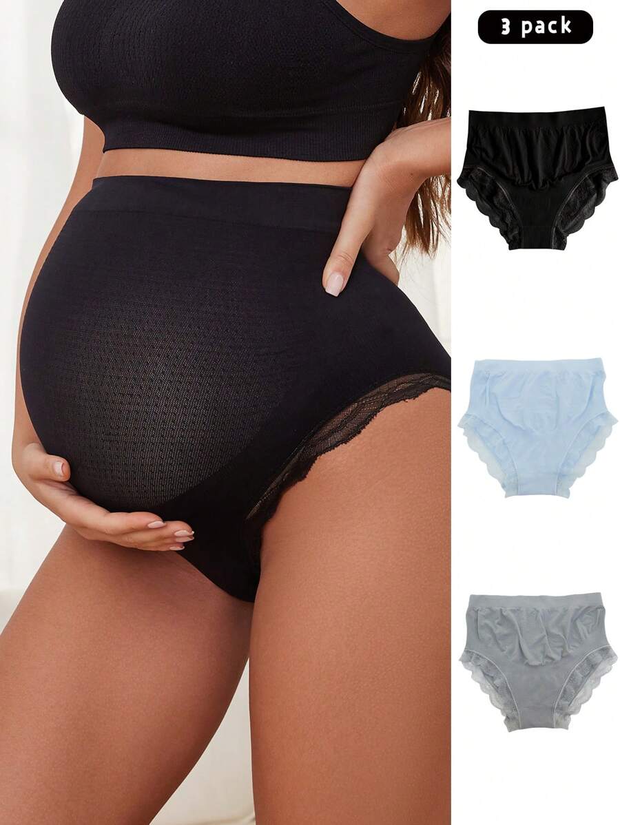 Maternity Briefs 3 Pack - Solid Color Lace Trim Casual Soft Stretch Pregnancy, Daily Wear