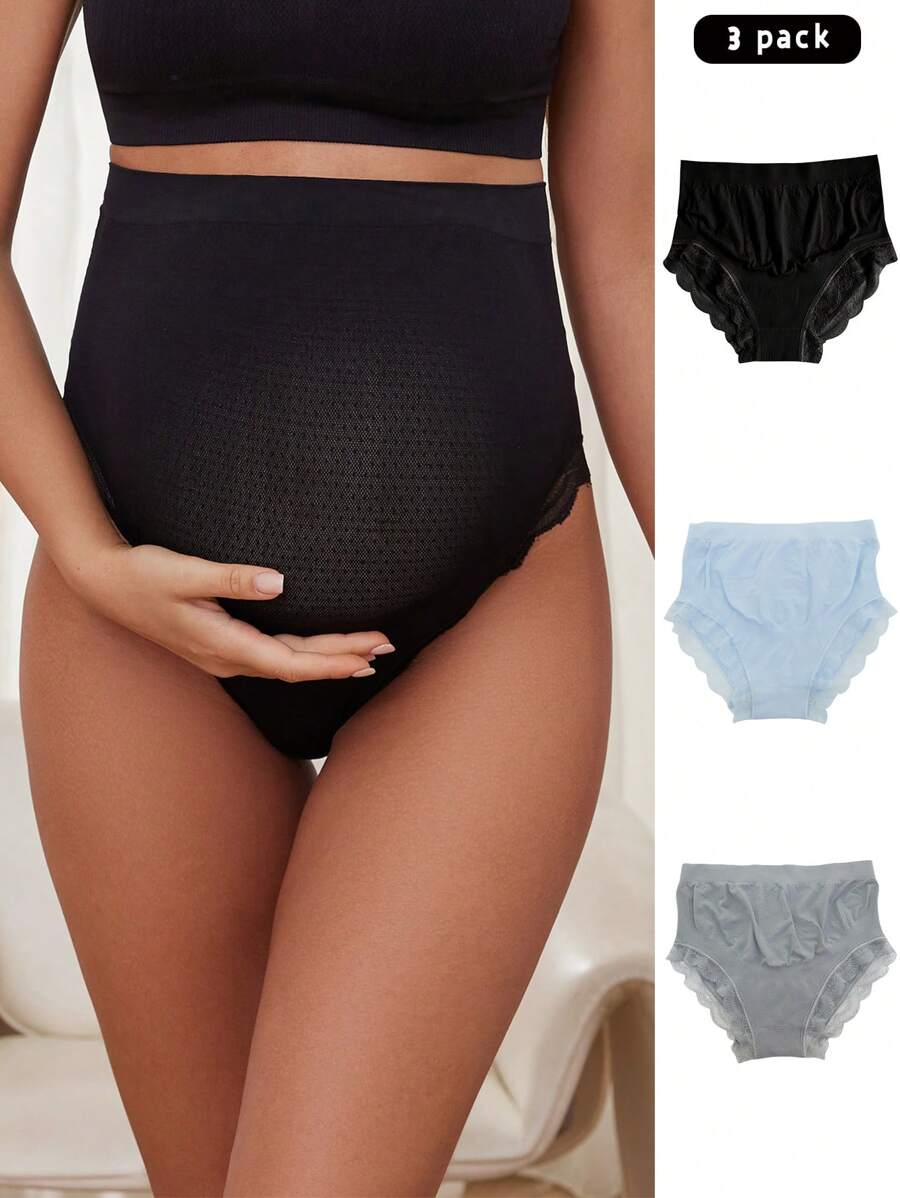 Maternity Underwear Set 3 Pack - Seamless High Waist Lace Trim Soft Stretch, Nursing Daily Wear