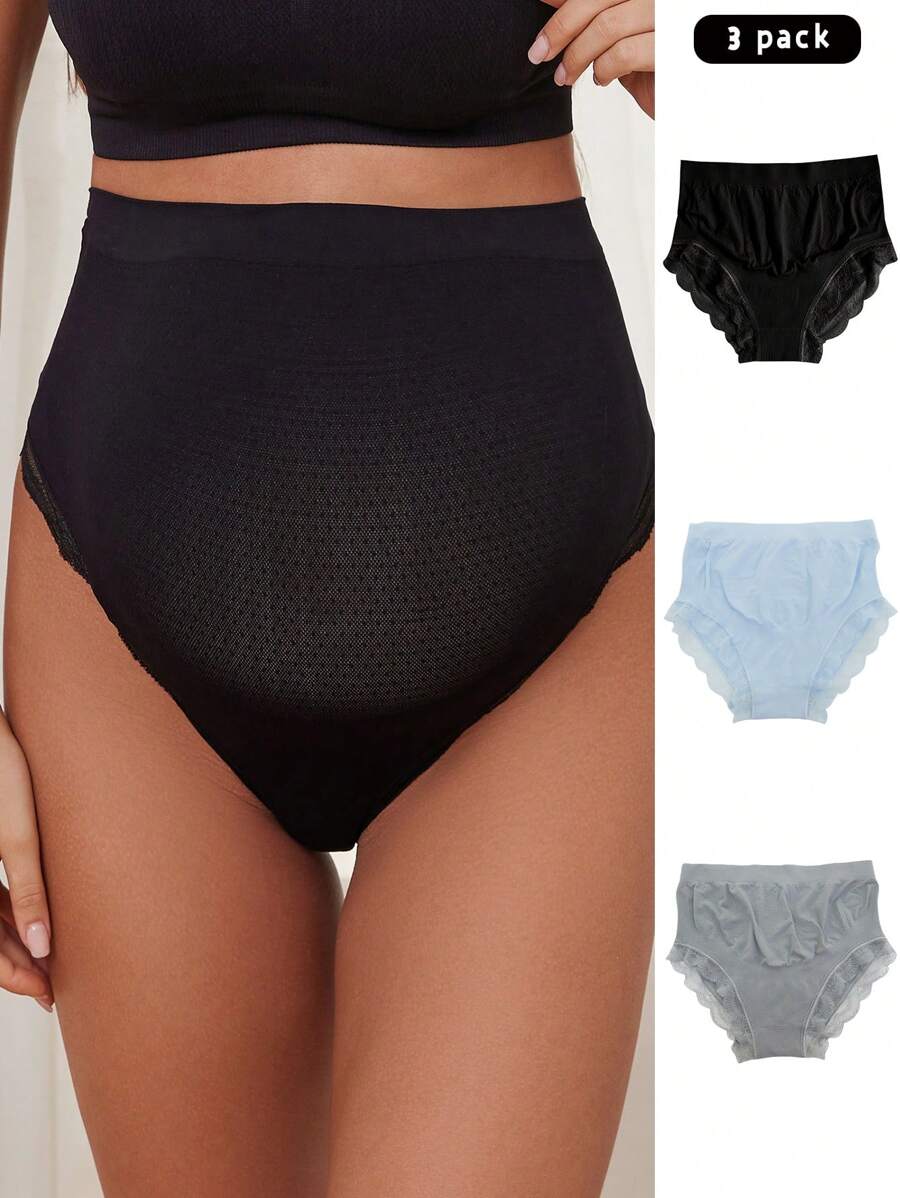 Maternity Underwear Set 3 Pack - Seamless High Waist Lace Trim Soft Breathable, Pregnancy Daily