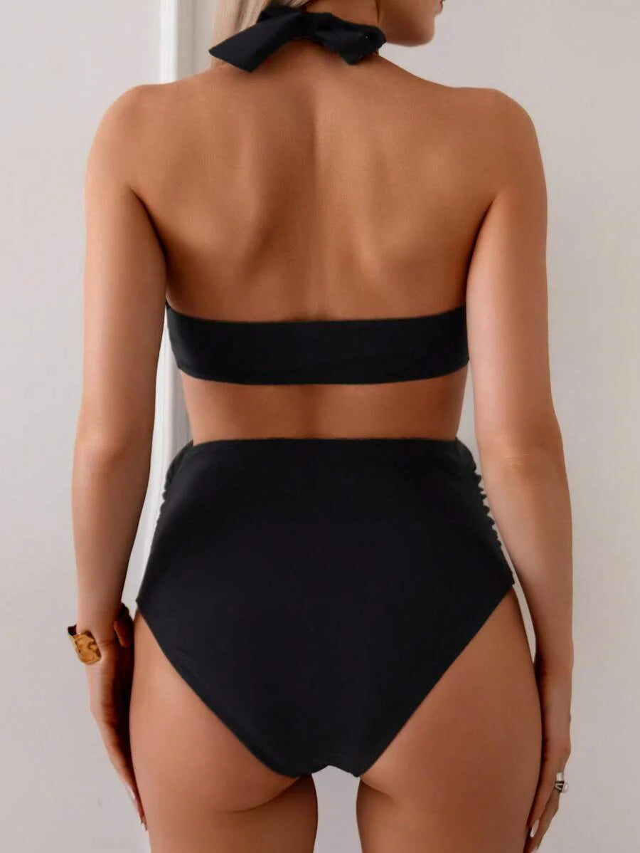 Maternity Halter Bikini Set - Solid Top Triangle Bottom Two Piece Beach Resort, Mom To Be