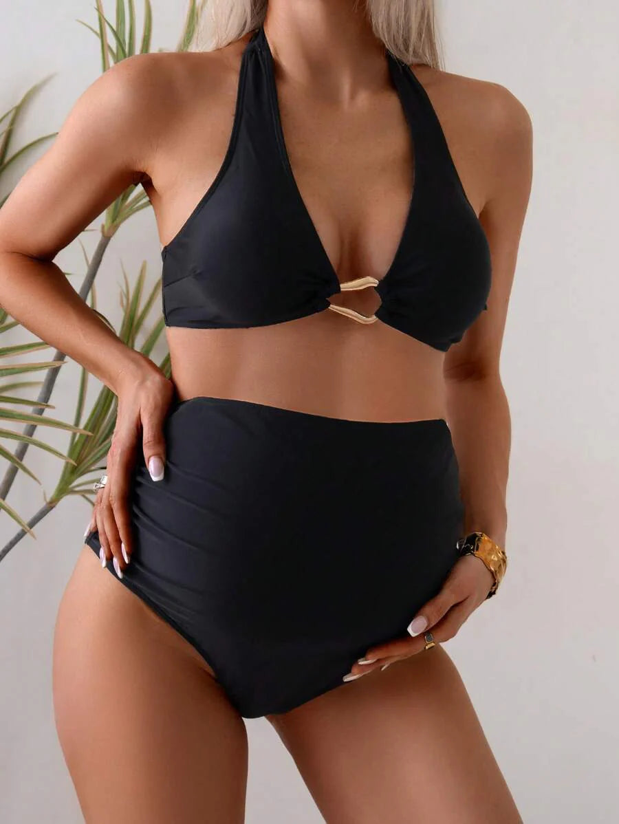 Maternity Halter Bikini Set - Solid Top Triangle Bottom Two Piece Beach Resort, Mom To Be