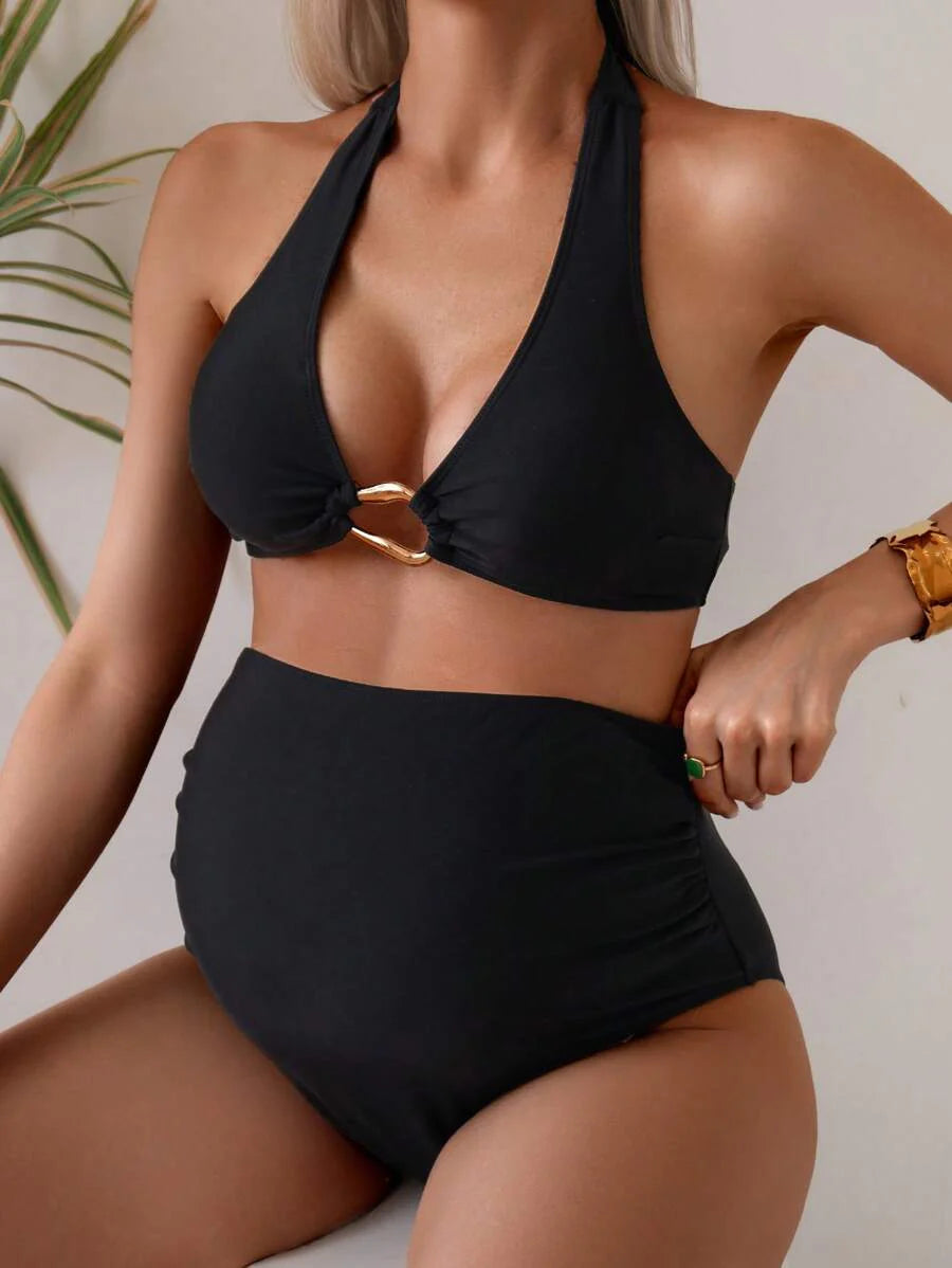 Maternity Halter Bikini Set - Solid Top Triangle Bottom Two Piece Beach Resort, Mom To Be