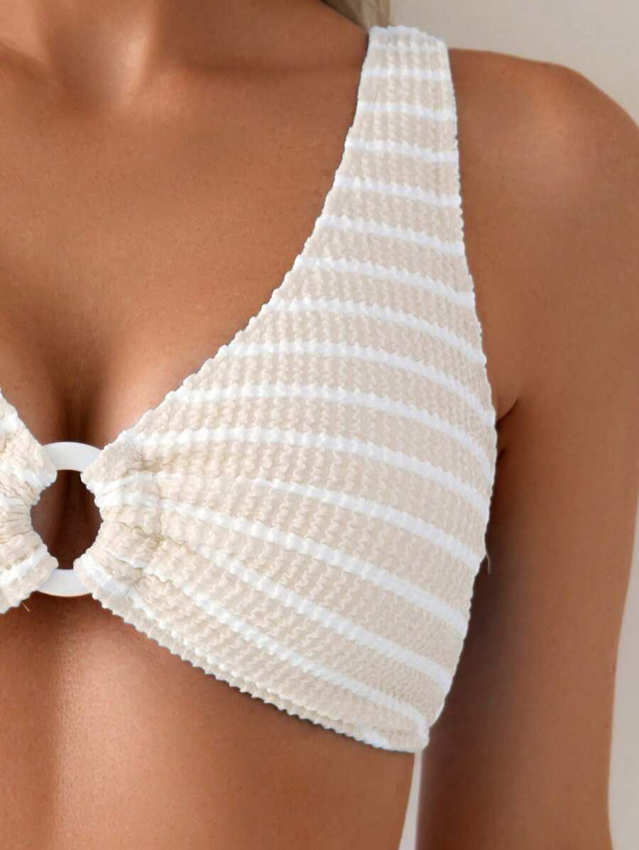 Women's 2-Piece Striped Bikini Set - V-Neck, High Waist, Knot Detail, Multicolor
