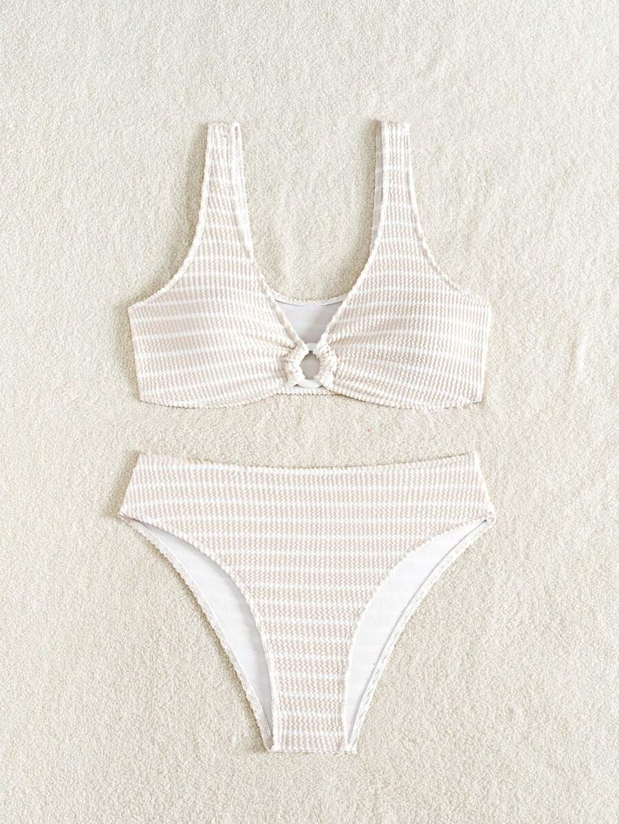Women's 2-Piece Striped Bikini Set - V-Neck, High Waist, Knot Detail, Multicolor