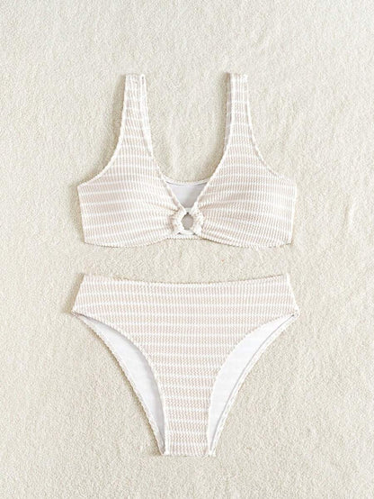 Women's 2-Piece Striped Bikini Set - V-Neck, High Waist, Knot Detail, Multicolor