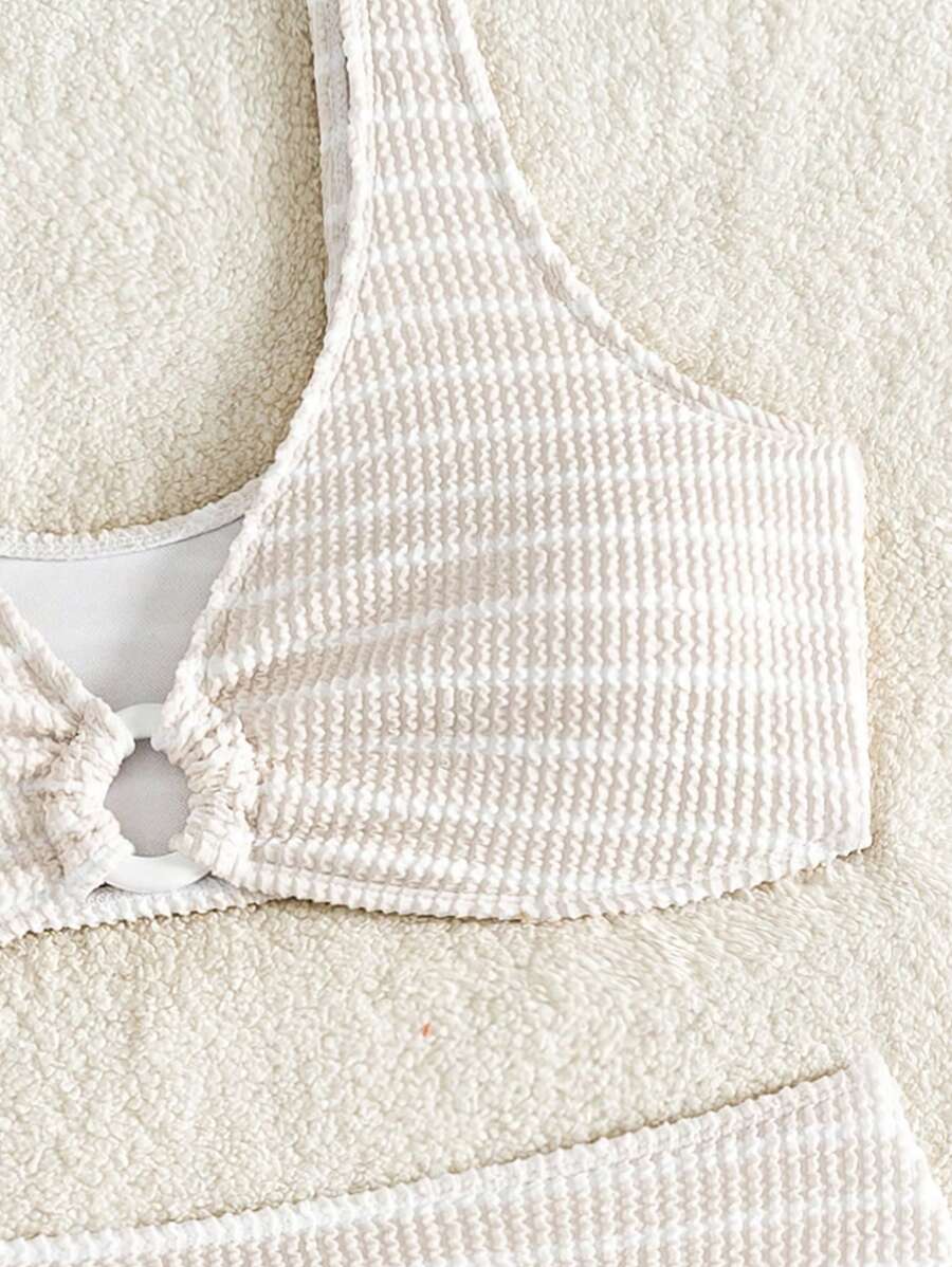 Women's 2-Piece Striped Bikini Set - V-Neck, High Waist, Knot Detail, Multicolor