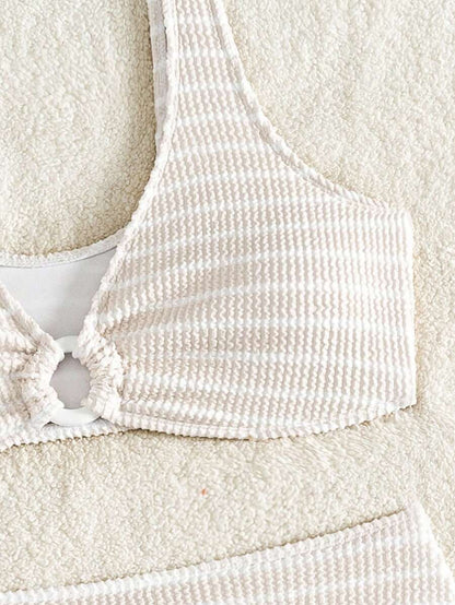 Women's 2-Piece Striped Bikini Set - V-Neck, High Waist, Knot Detail, Multicolor