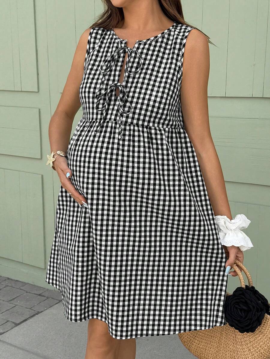 Maternity Holiday Dress  Black and White Sleeveless Spaghetti Strap High Waist A Line Beach Sun Dress