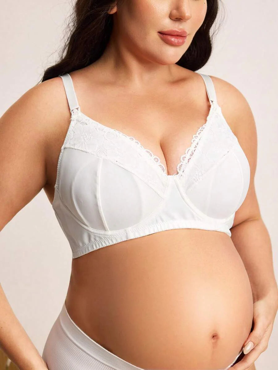 Plus Size Maternity Lingerie Bra With Hook, Underwire, Lace Patchwork, Nursing Friendly Design