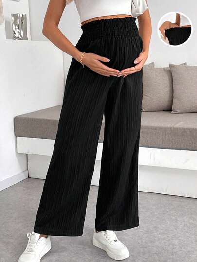 Maternity Wide Leg Textured Pants in Black High Waist Loose Fit Summer Beach Flowy Trousers for Women