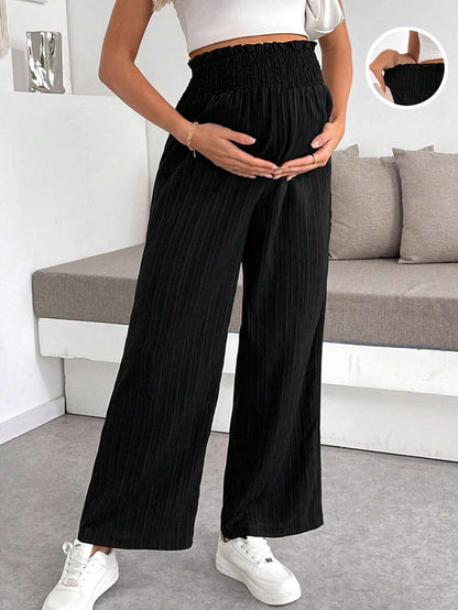 Maternity Paper Bag Waist Pants - Shirred, Wide Leg, Loose Fit, Navy Blue