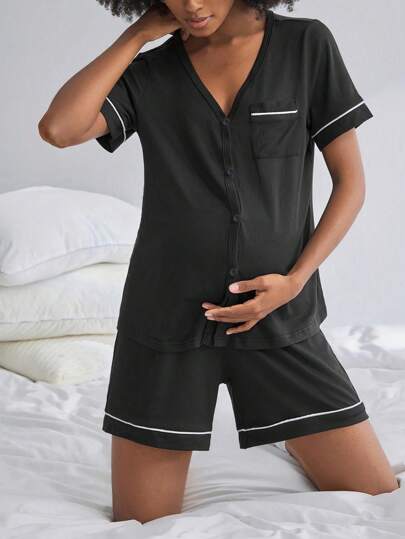 2-Pack Maternity Nursing Pajama Set Women Short Sleeve Button Front Lounge Sleepwear Set