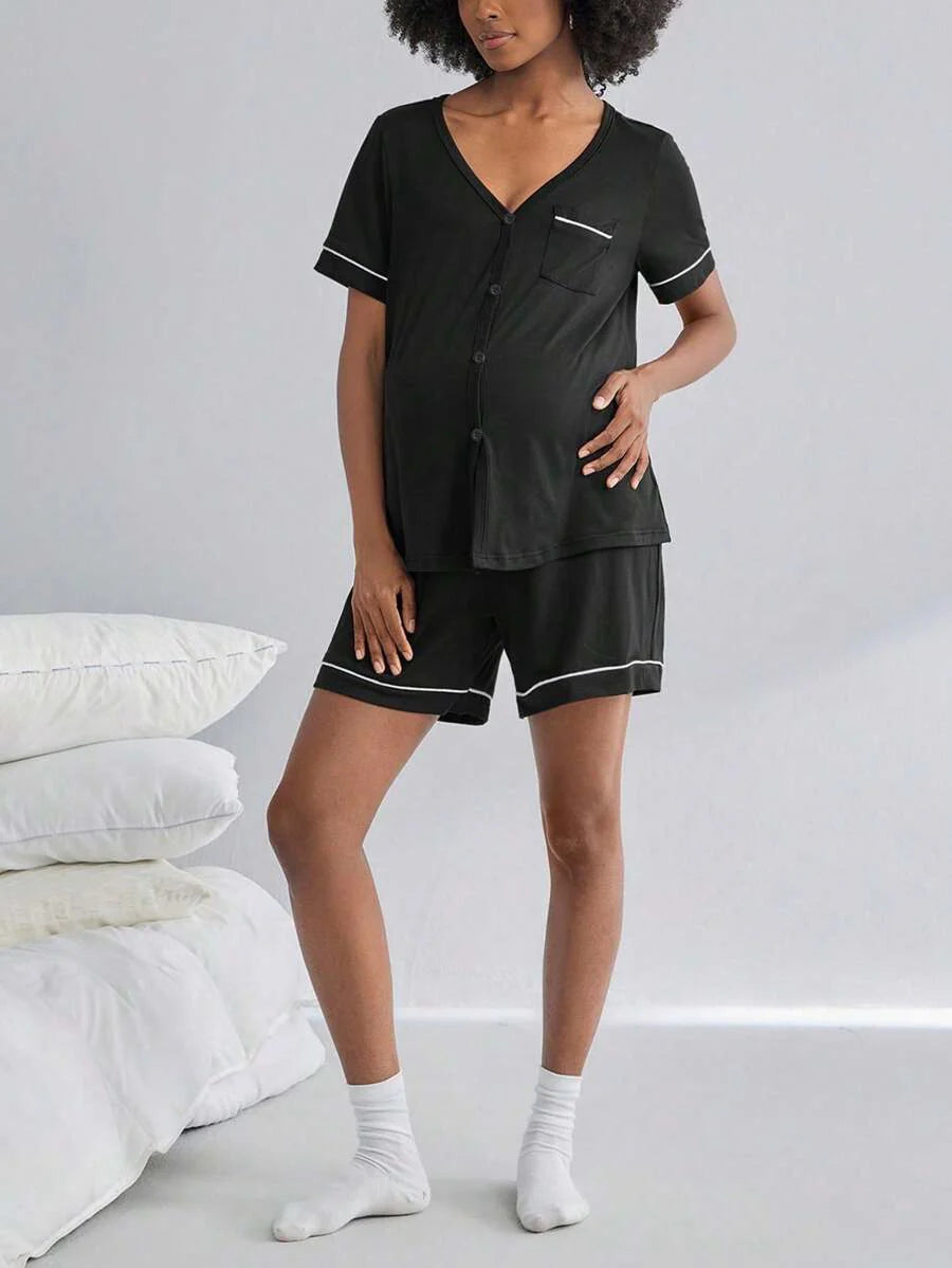 2-Pack Maternity Nursing Pajama Set Women Short Sleeve Button Front Lounge Sleepwear Set
