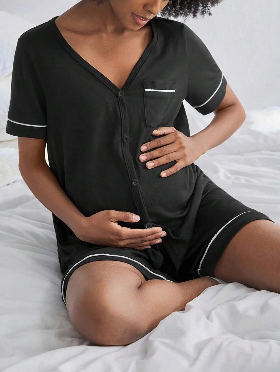 2-Pack Maternity Nursing Pajama Set Women Short Sleeve Button Front Lounge Sleepwear Set