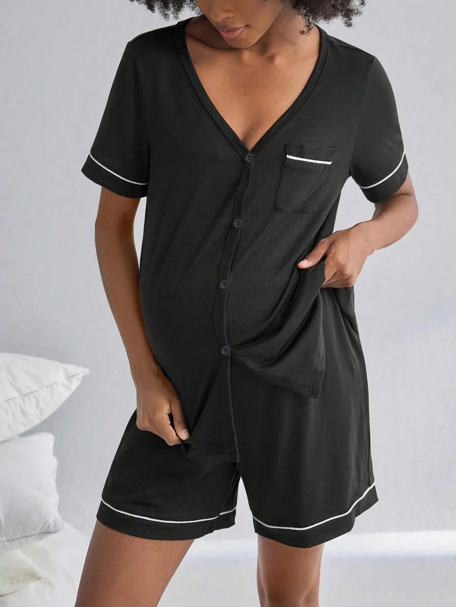 2-Pack Maternity Nursing Pajama Set Women Short Sleeve Button Front Lounge Sleepwear Set