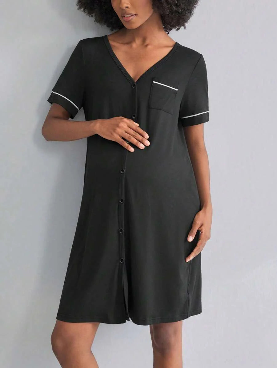 Maternity Dress - V Neck Short Sleeve Single Breasted Casual Nursing Sleepwear, Pregnancy Lounge