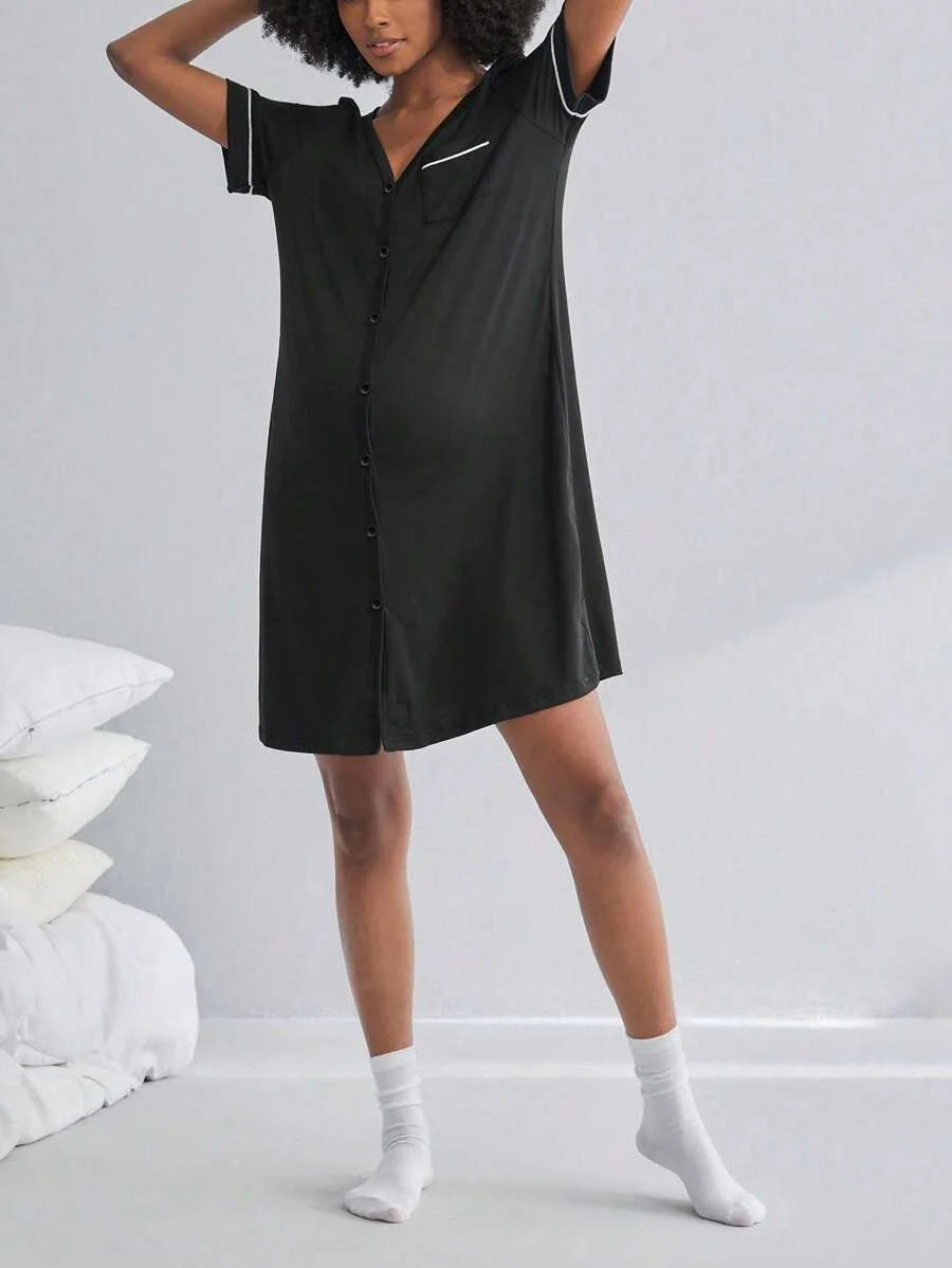 Maternity Dress - V Neck Short Sleeve Single Breasted Casual Nursing Sleepwear, Pregnancy Lounge