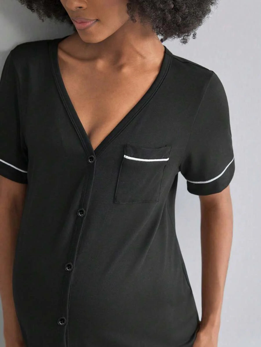 Striped Long Casual Maternity Loungewear With Front Pocket And Regular Short Sleeves