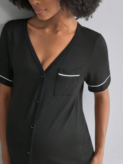 Pink V-Neck Maternity Loungewear Dress - Short Sleeve Knee Length Slim Fit Sleepshirt with Pockets - High Stretch Knitted Summer House Dress