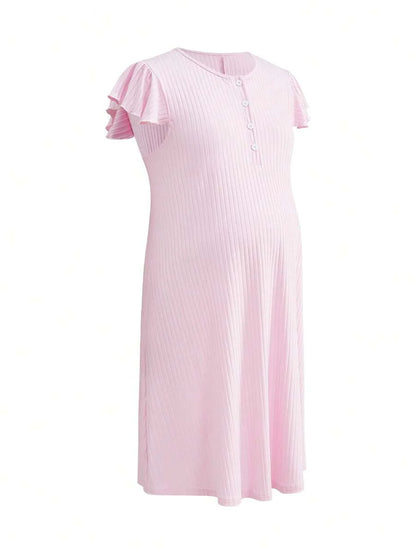 Maternity Rib Nursing Nightgown - Long Sleeve Button Sleep Shirt Soft, Pregnancy Pajama Loungewear