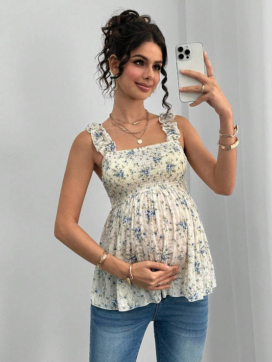 Maternity Blue and White Floral Frill Trim Camisole - Boho A-Line Sleeveless Wide Strap Beach Top