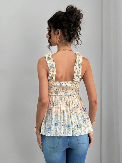 Maternity Blue and White Floral Frill Trim Camisole - Boho A-Line Sleeveless Wide Strap Beach Top