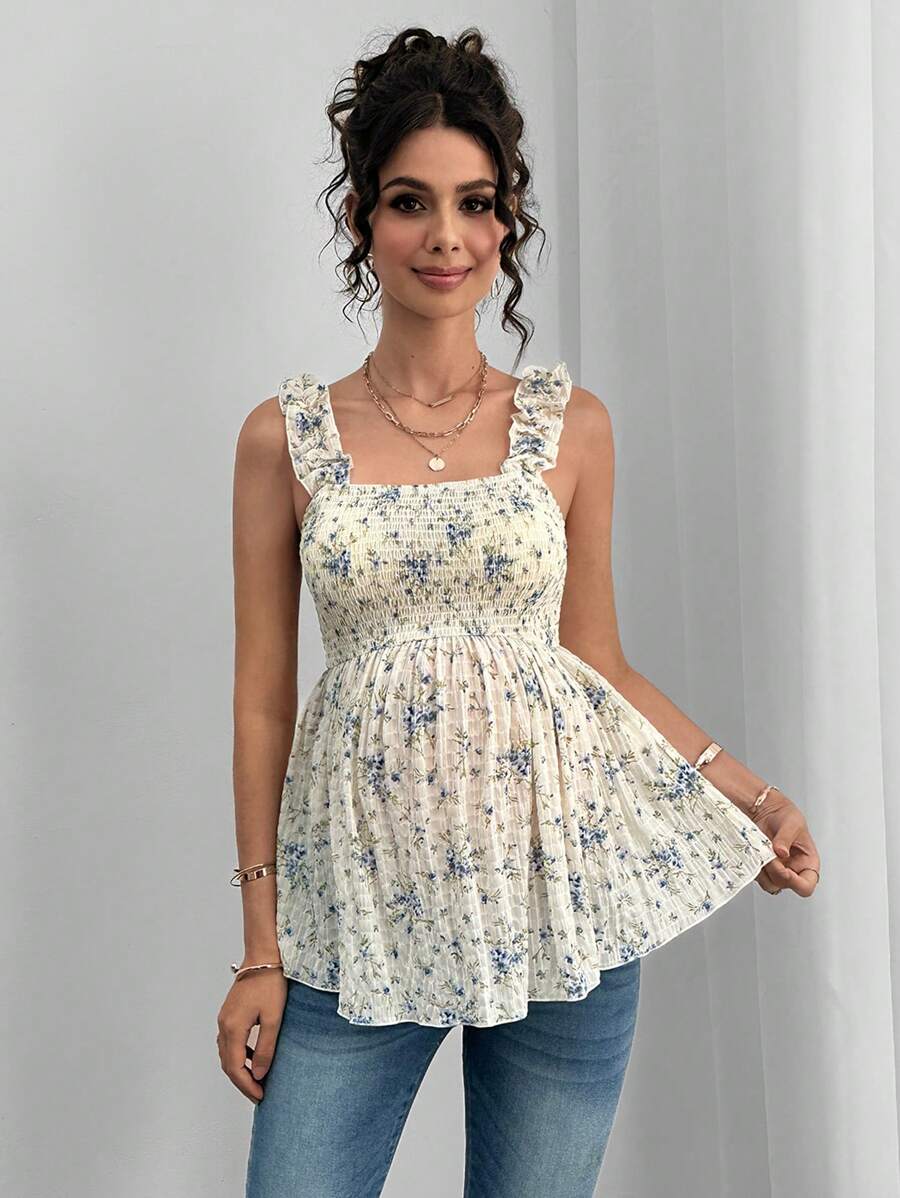 Maternity Boho Nursing Tank Top - Floral Print, Frill Trim, Wide Strap, Lilac Purple