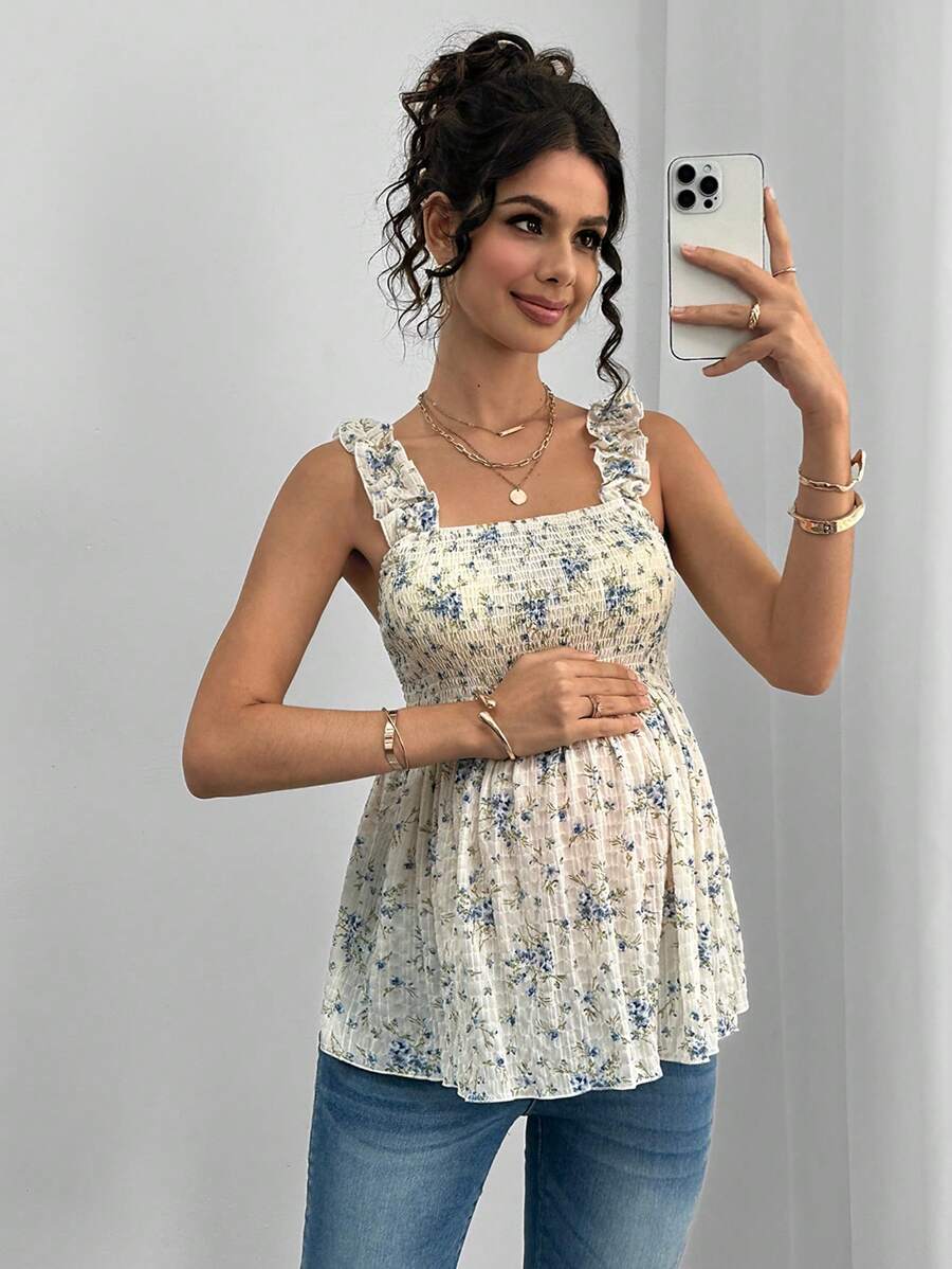 Maternity Boho Nursing Tank Top - Floral Print, Frill Trim, Wide Strap, Lilac Purple