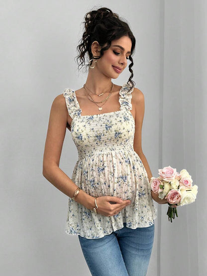 Maternity Boho A-Line Camisole - Floral Print, Wide Strap, Frill Trim, Mauve Purple