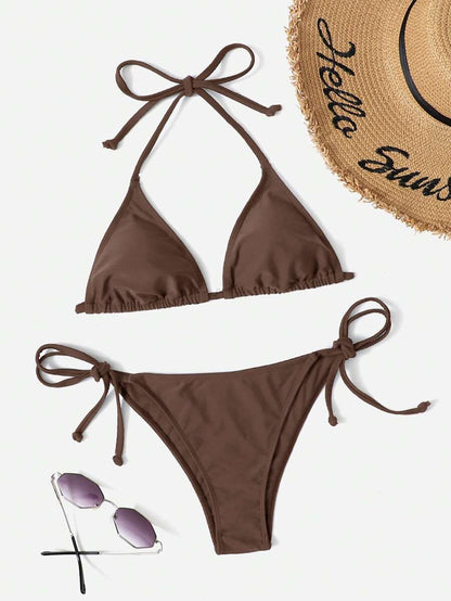 Women's 2-Piece Halter Bikini Set - Leopard & Floral Print, Tie Side, Triangle Cup, Multicolor