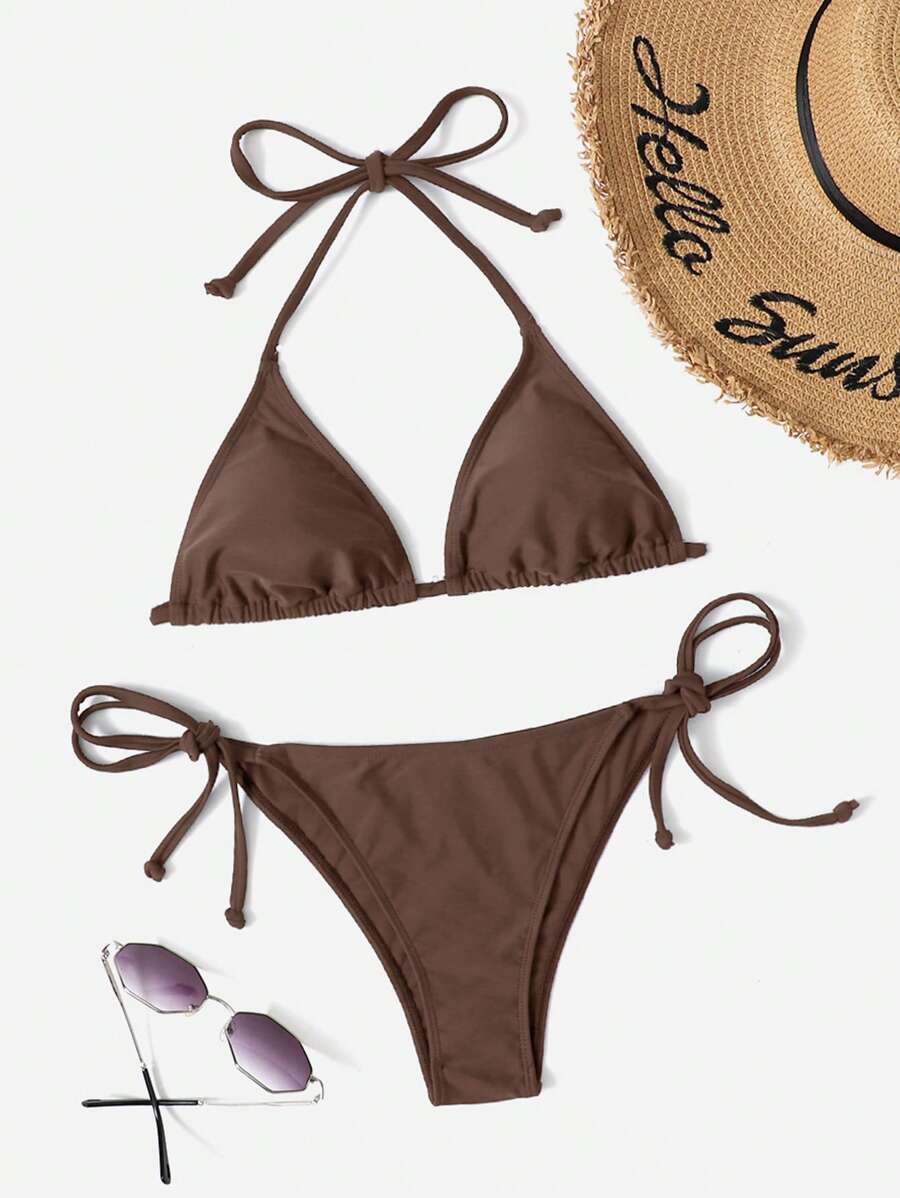 Women's Plain Halter Bikini Set - Knot Detail, Tie Side, Triangle Cup, Navy Blue