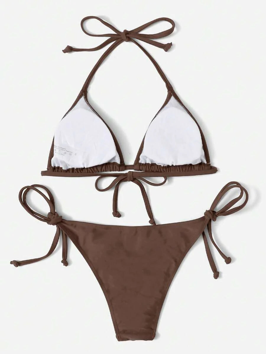 Women's 2-Piece Halter Bikini Set - Leopard & Floral Print, Tie Side, Triangle Cup, Multicolor