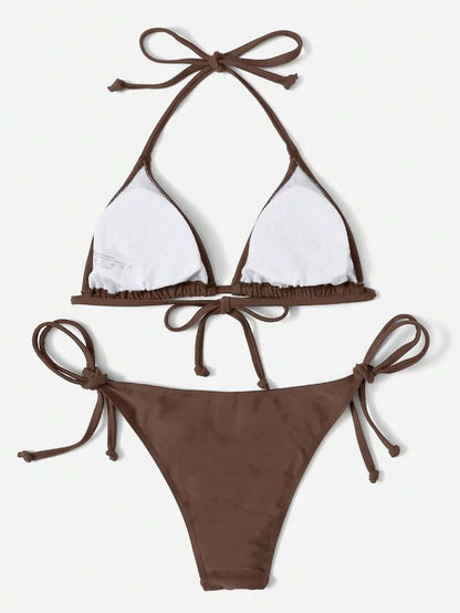Women's Plain Halter Bikini Set - Knot Detail, Tie Side, Triangle Cup, Navy Blue