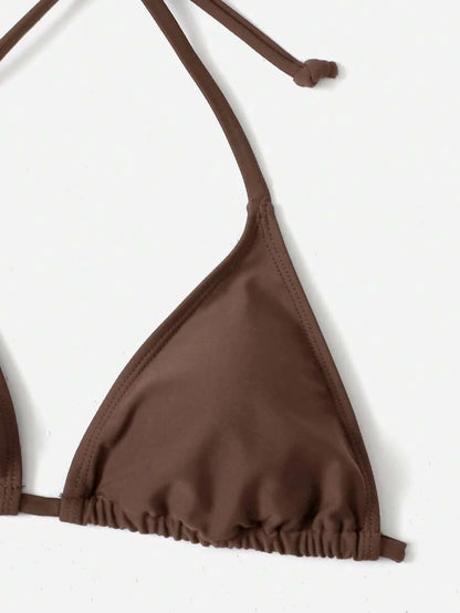 Women's Plain Halter Bikini Set - Knot Detail, Tie Side, Triangle Cup, Navy Blue